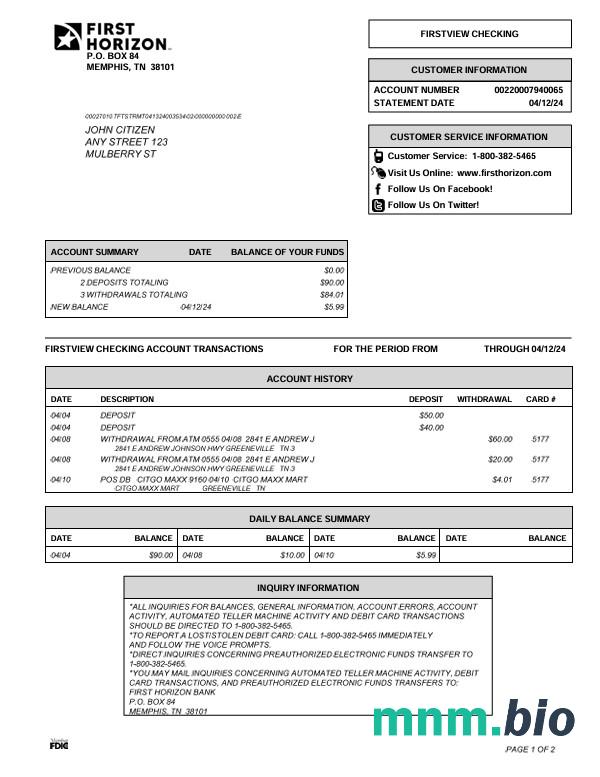Wyciąg bankowy USA Tennesse Regions, 4 strony, Wersja 2, 3-4 scr